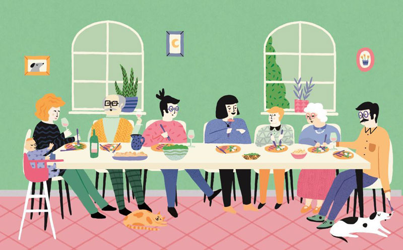 ζωγραφιά μιας οικογένειας καθισμένης σε ένα τραπέζι