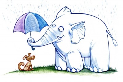 σκίτσο ελέφαντα να κρατάει ομπρέλα για ένα σκύλο