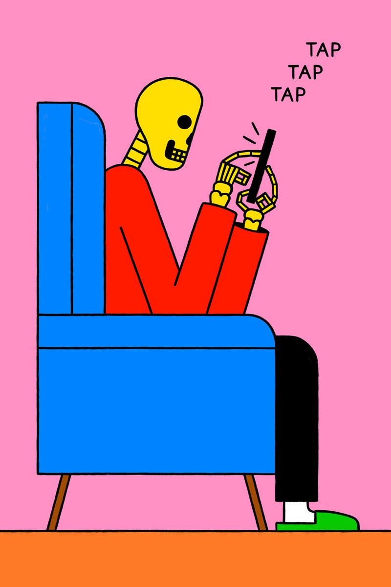 σκελετός που κάθεται σε μια καρέκλα και χρησιμοποιεί ένα smartphone