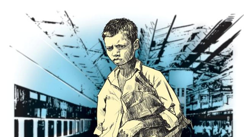 ζωγραφιά που δείχνει ένα μικρό λυπημένο αγόρι σε σταθμό τρένου