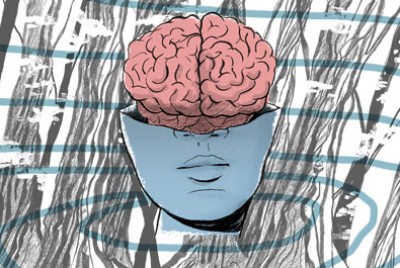 κεφάλι ανθρώπου με μπλε χρώμα που έχει κοπεί στη μέση και φαίνεται ο εγκέφαλος