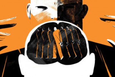 σκίτσο με έναν άνδρα να έχει τα χέρια του γύρω από ένα ανθρώπινο κεφάλι μέσα στο οποίο περιέχονται ανθρώπινες φιγούρες σε πορτοκαλί και μαύρο φόντο