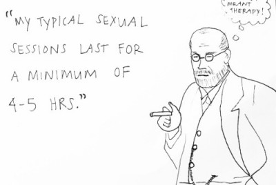 σκίτσο του Freud να μιλάει για τις θεραπείες του και να κάνει freudian slip