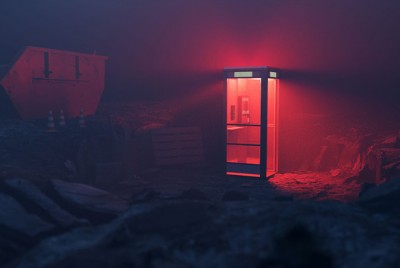 ένας εγκαταλελειμμένος τηλεφωνικός θάλαμος με κόκκινο φως