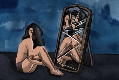 πίνακας με κοπέλα που κοιτάζεται σε σπασμένο καθρέφτη