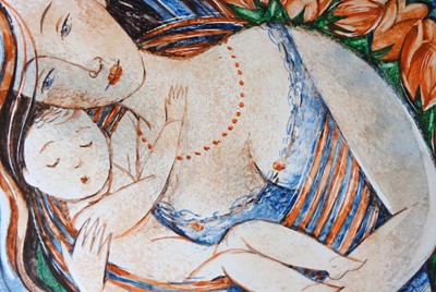 πίνακας με μητέρα να κρατά ξαπλωμένη στην αγκαλιά της το μωρό της