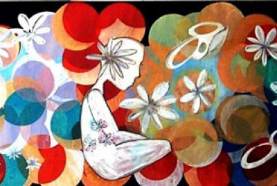 πίνακας με φιγούρα γυναικεία και φόντο έντονα χρώματα