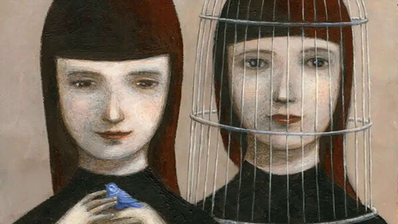 πίνακας που απεικονίζει δύο γυναικεία πρόσωπα, το ένα μέσα σε κλουβί