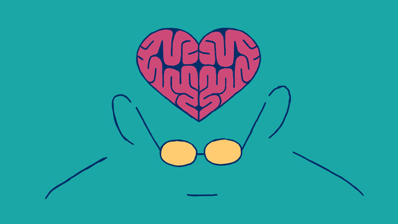 ένα πρόσωπο σε σκίτσο που απεικονίζεται με έναν εγκέφαλο σε σχήμα καρδιάς και γυαλιά. Παρουσιάζει εμφανώς την σκοτεινή πλευρά της ενσυναίσθησης