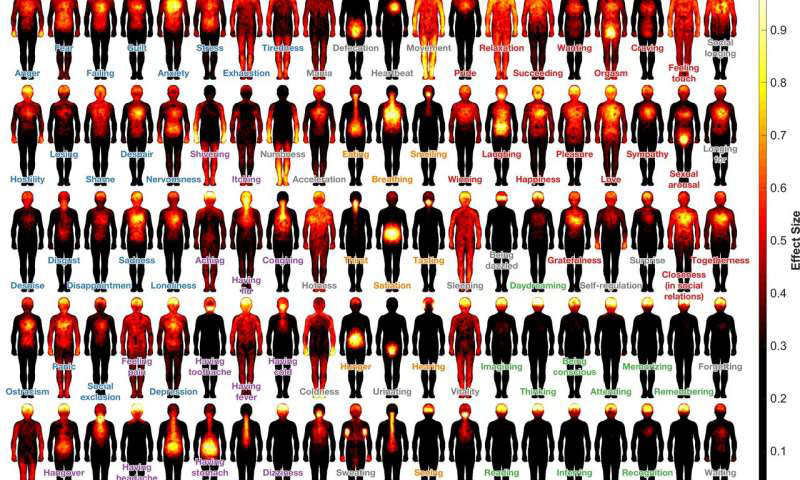 χάρτης αισθήσεων και συναισθημάτων με ανθρώπινες φιγούρες με έντονα χρώματα στο σώμα τους