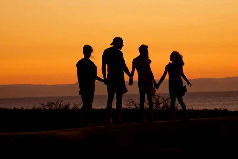 μια οικογένεια πιασμένη χέρι χέρι στο ηλιοβασίλεμα