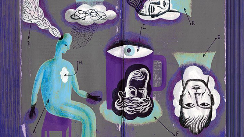 πίνακας με μία φιγούρα ανθρώπου να βγαίνει μία ρίζα από το μυαλό του, ένα ζωγραφισμένο μάτι και δύο κεφάλια ανθρώπων που υποδεικνύονται από βέλη μύθοι και αλήθειες της ψυχοθεραπείας