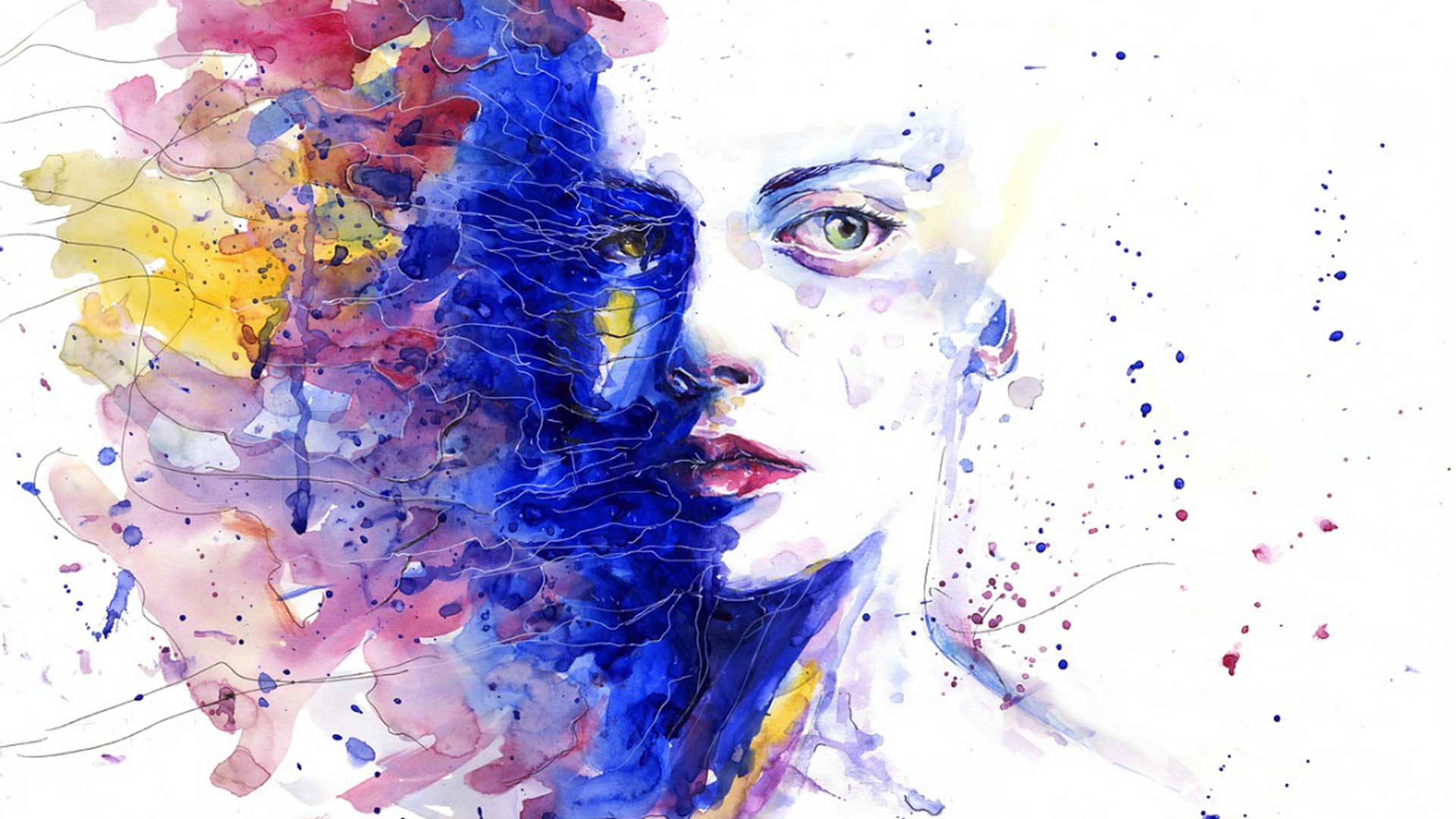πίνακας που απεικονίζει γυναικείο πρόσωπο μέσα από το οποίο αναδύονται χρώματα