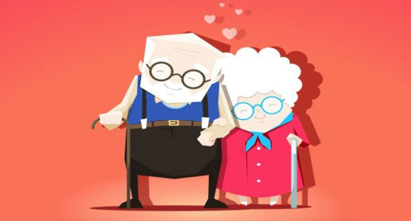 σκίτσο με ηλικιωμένο ζευγάρι που κρατιέται από το χέρι και χαμογελάει και από πάνω του υπάρχουν καρδούλες