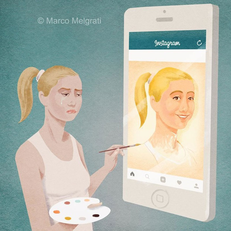 γυναίκα που κλαίει ζωγραφίζει πίνακα με το πρόσωπό της στο Instagram