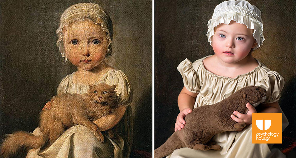 αναπαράσταση ενός παλαιού πίνακα με ένα παιδί με μια γάτα
